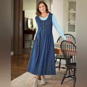 The Vermont Country Store Blue Jean Denim Pintuck Jumper Dress Plus Size 2X